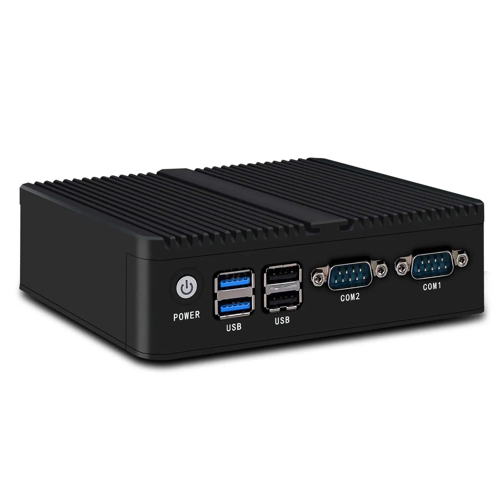 Industrial fanless mini-host measuring 13.6 x 12.7 x 4 cm with quad-core processor and dual-network ports