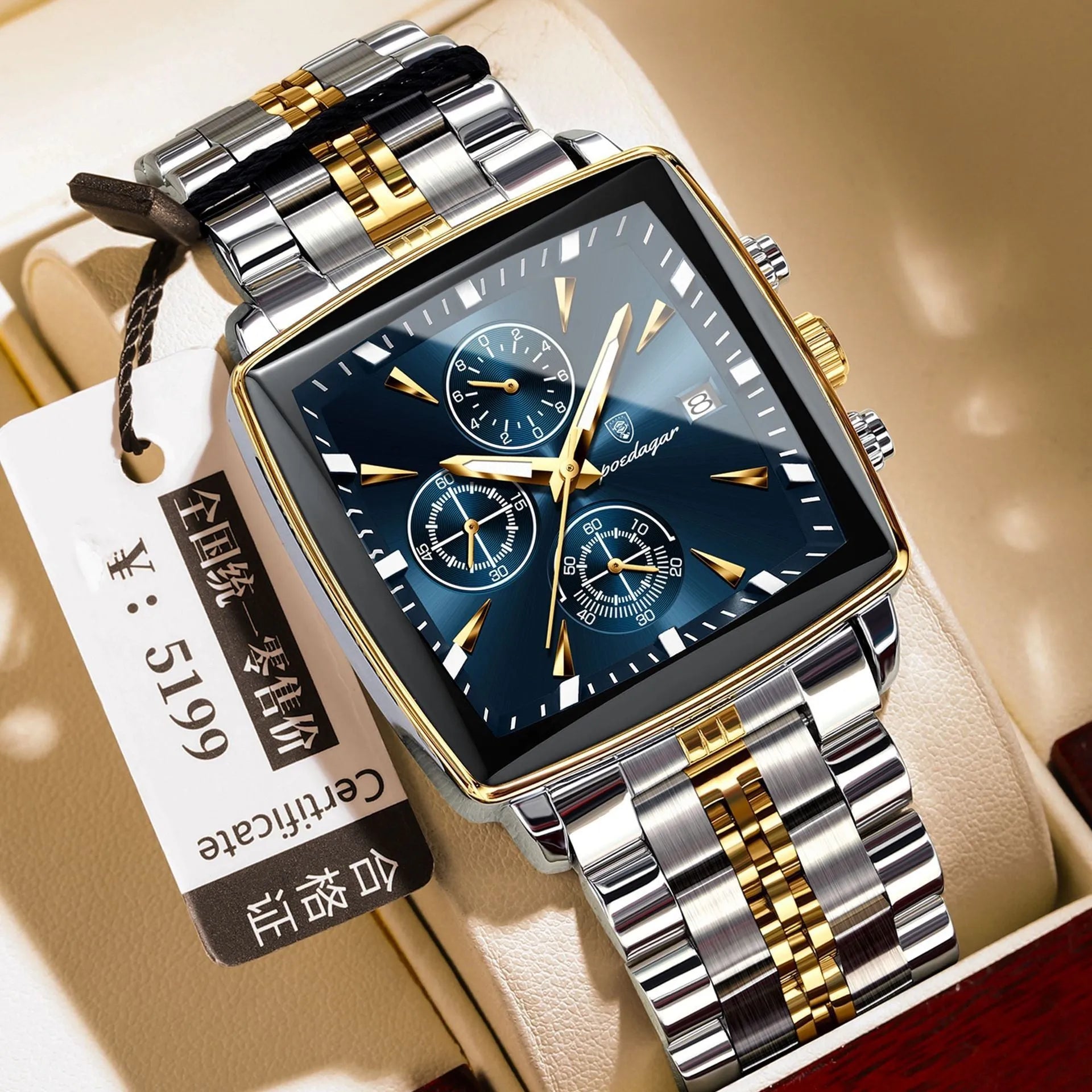 Square men's business quartz watch with stainless steel strap and mineral glass face.