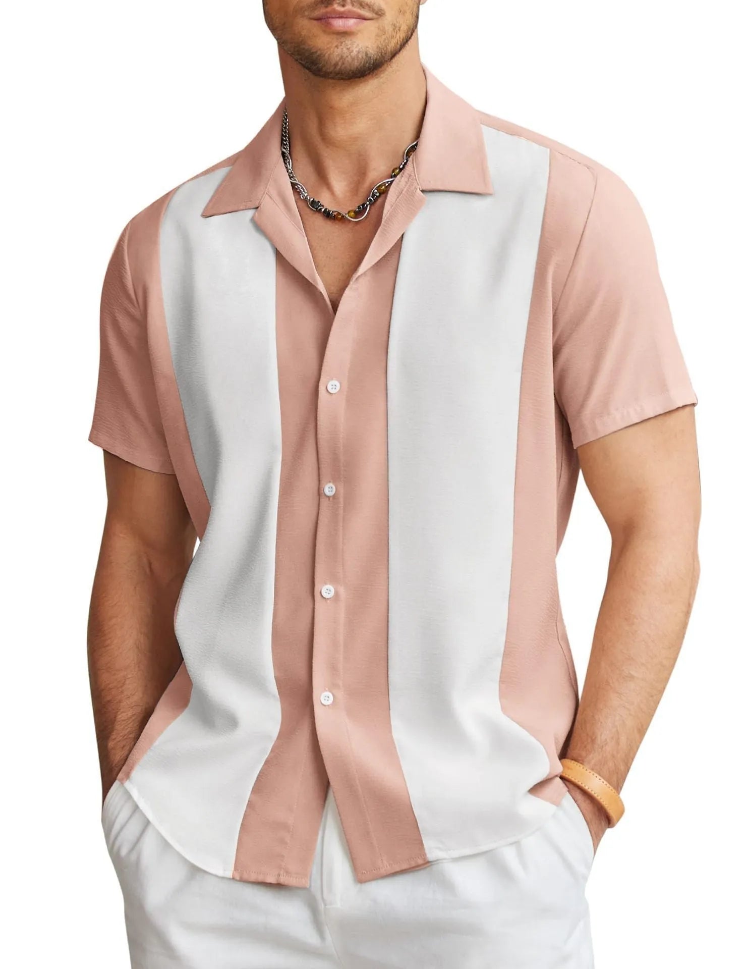 Men's slim fit Hawaiian short sleeve shirt in a digitally printed pattern.