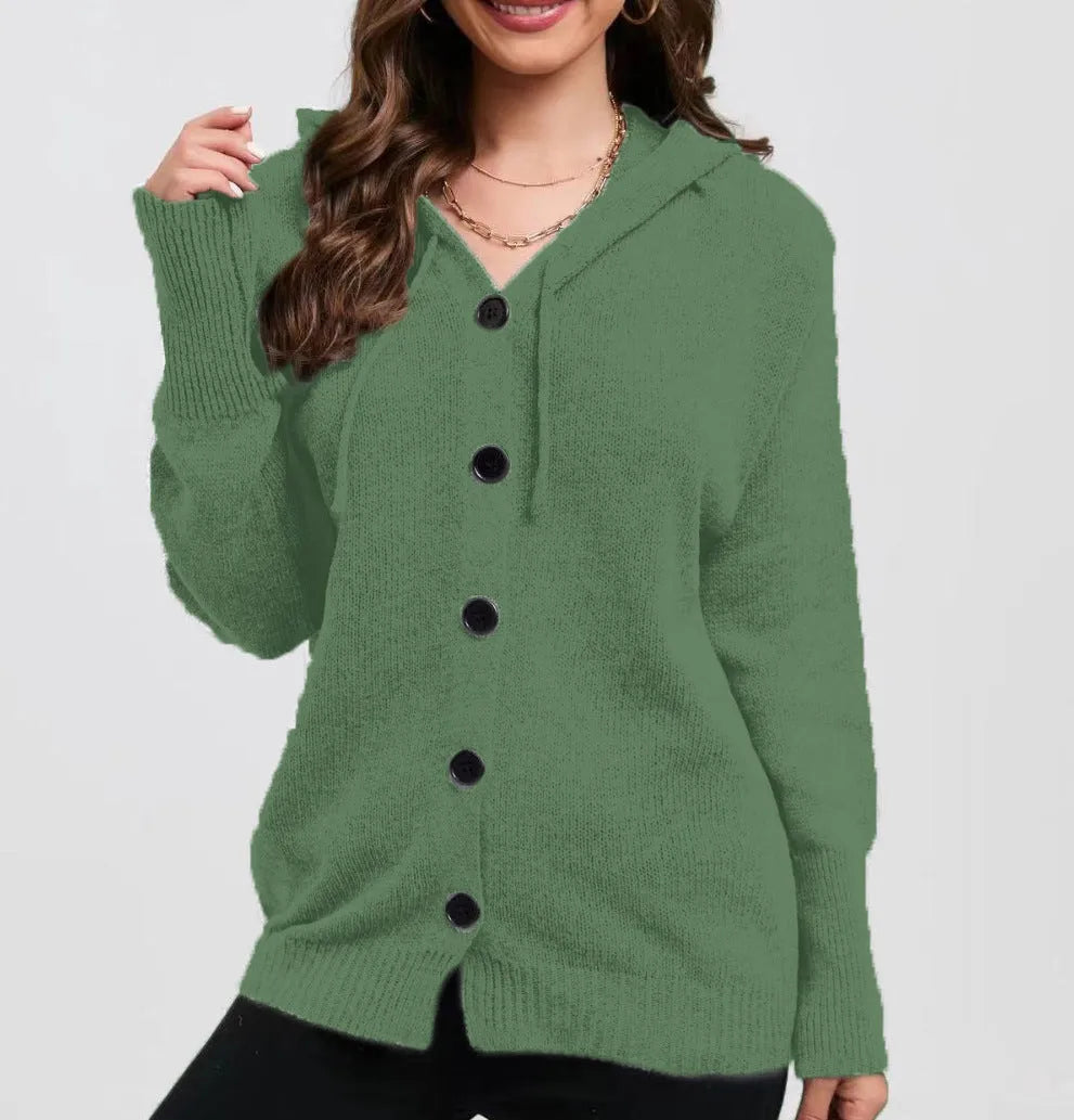Women's solid colour hooded cotton cardigan sweater in a loose fit, shown in one of six available colours.