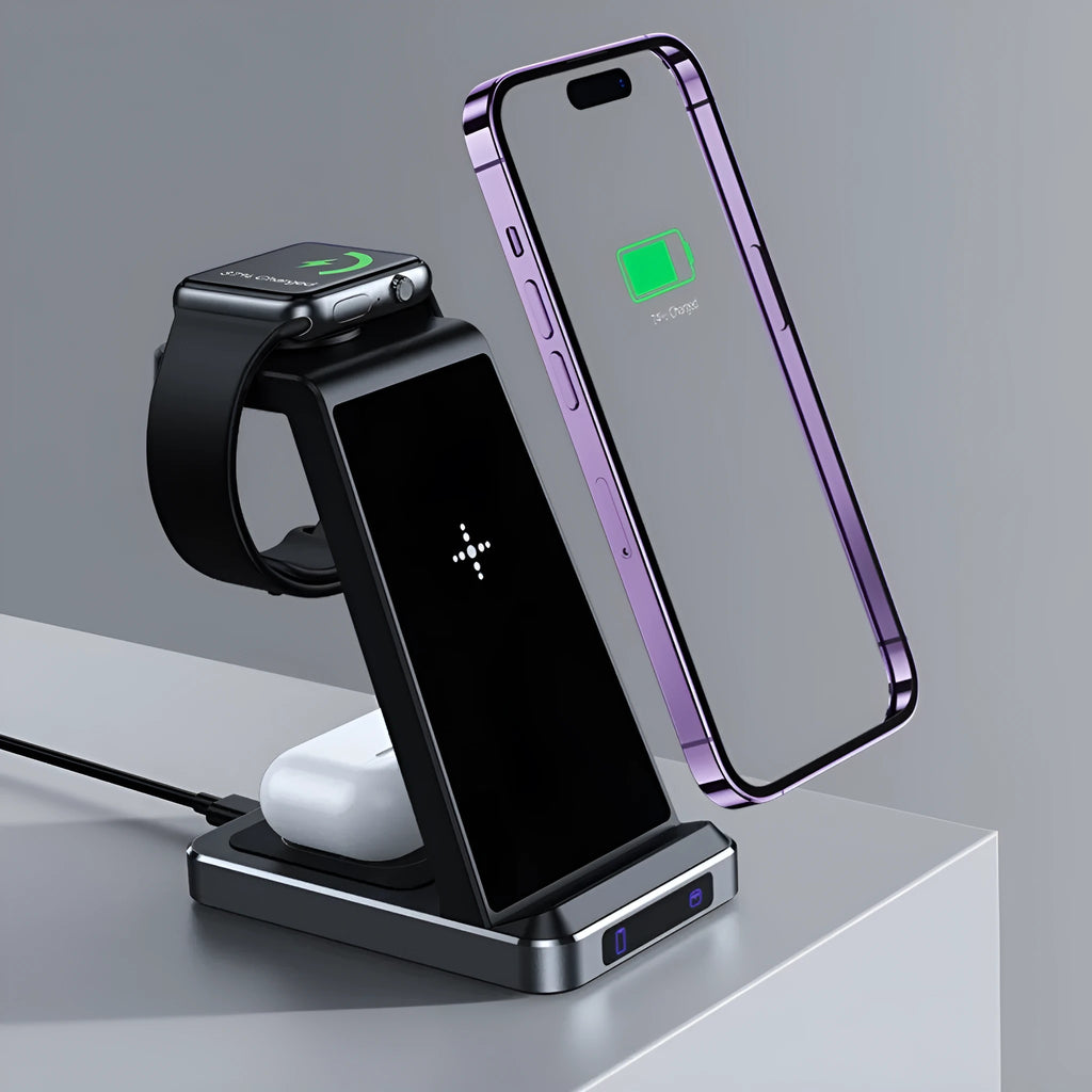 Three-in-one wireless charger in black with phone, watch, and earbuds placed on charging zones