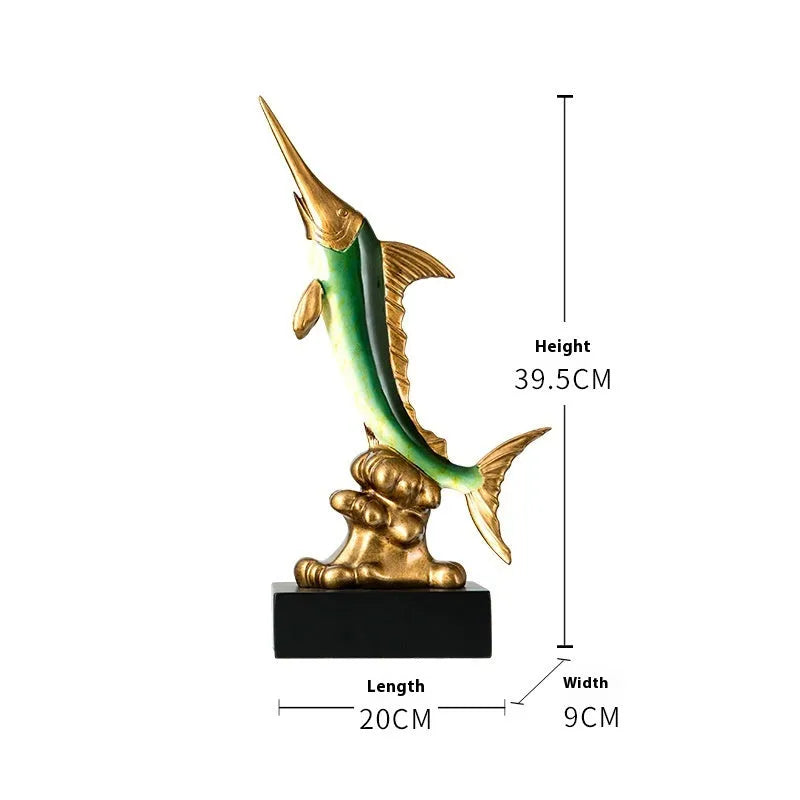 European stylised swordfish resin and plastic decorative ornament on a shelf.