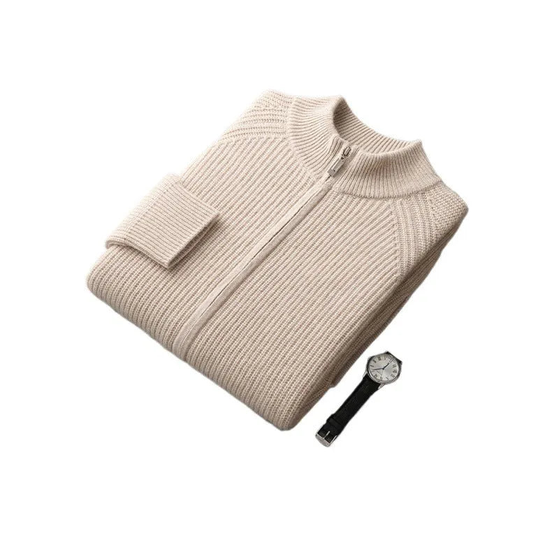 Men's half turtleneck zipper cardigan in solid colour with long sleeves and standard wool yarn construction
