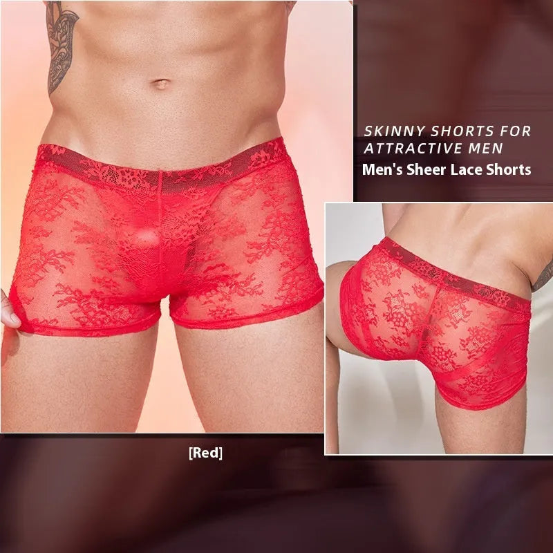 Men's Fashion Personality New Lace boxers in black, white, and red colours, made from nylon fabric.