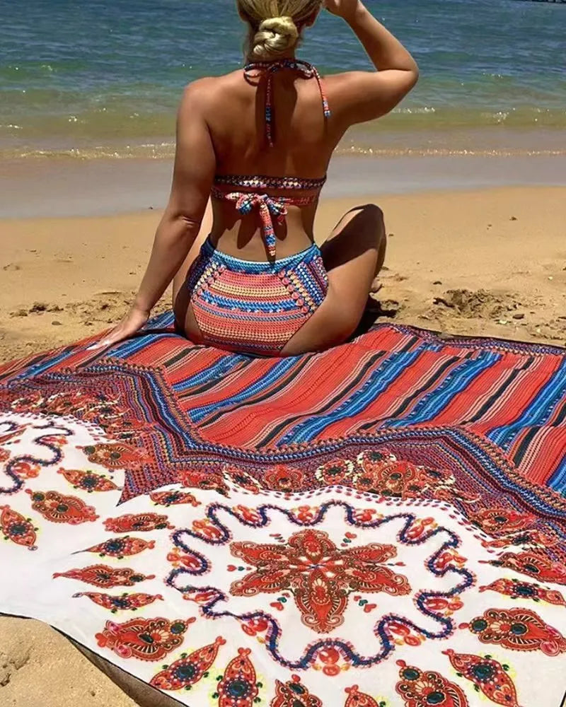 Women's three-piece split swimsuit set with high-waist briefs, cutout blouse, and coat in pictured colour.