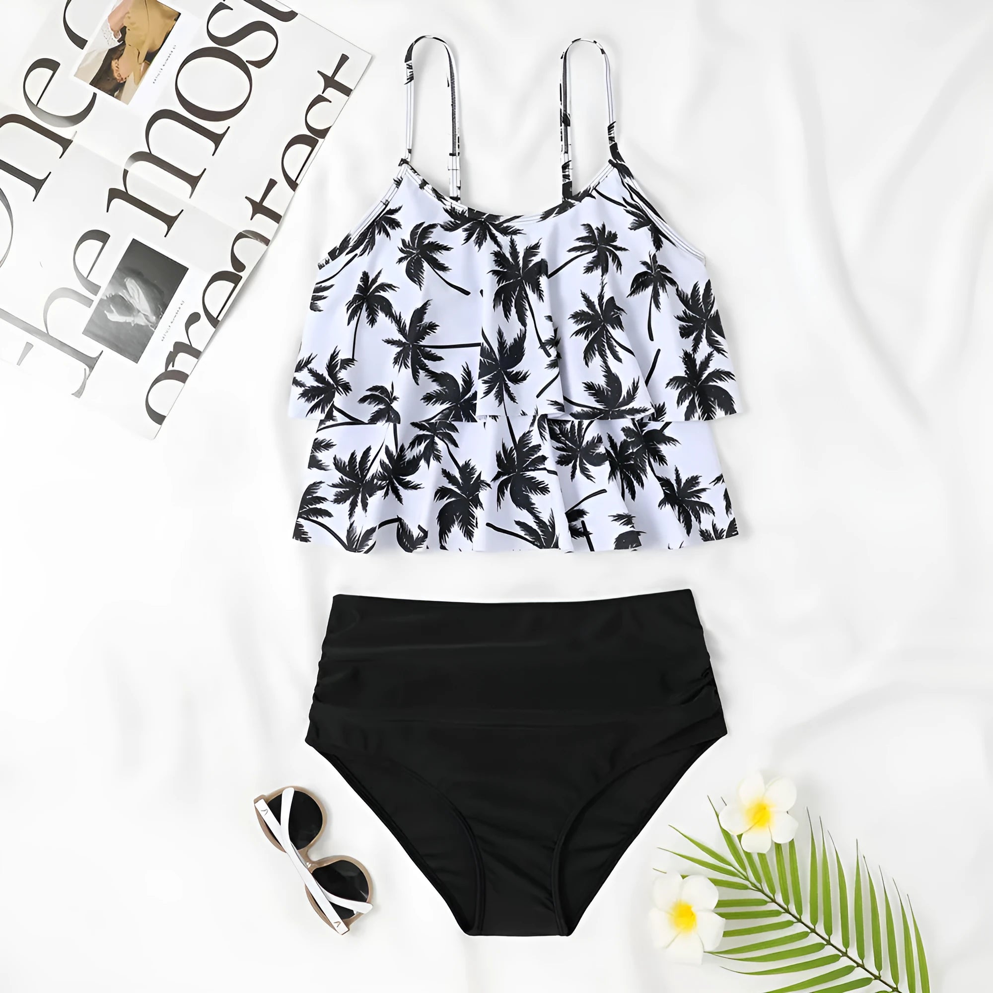 Women's high waist double-layer swimsuit with coconut tree print in black colour