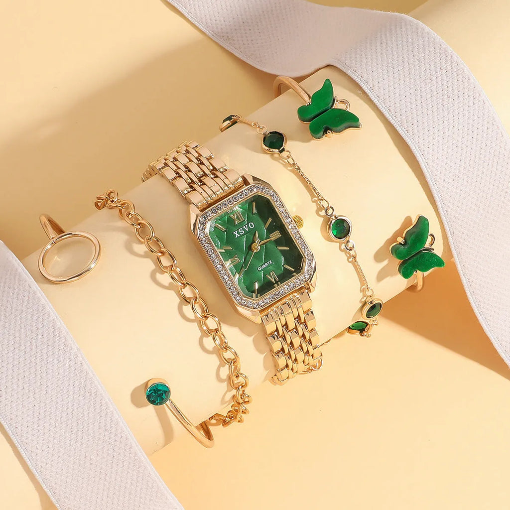 Gold green square watch and four matching bracelets jewellery set for women