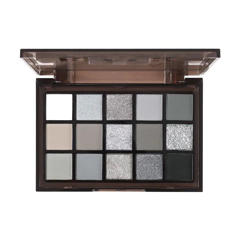 15-colour eyeshadow palette with matte and shimmer pans including cos grey and black shades