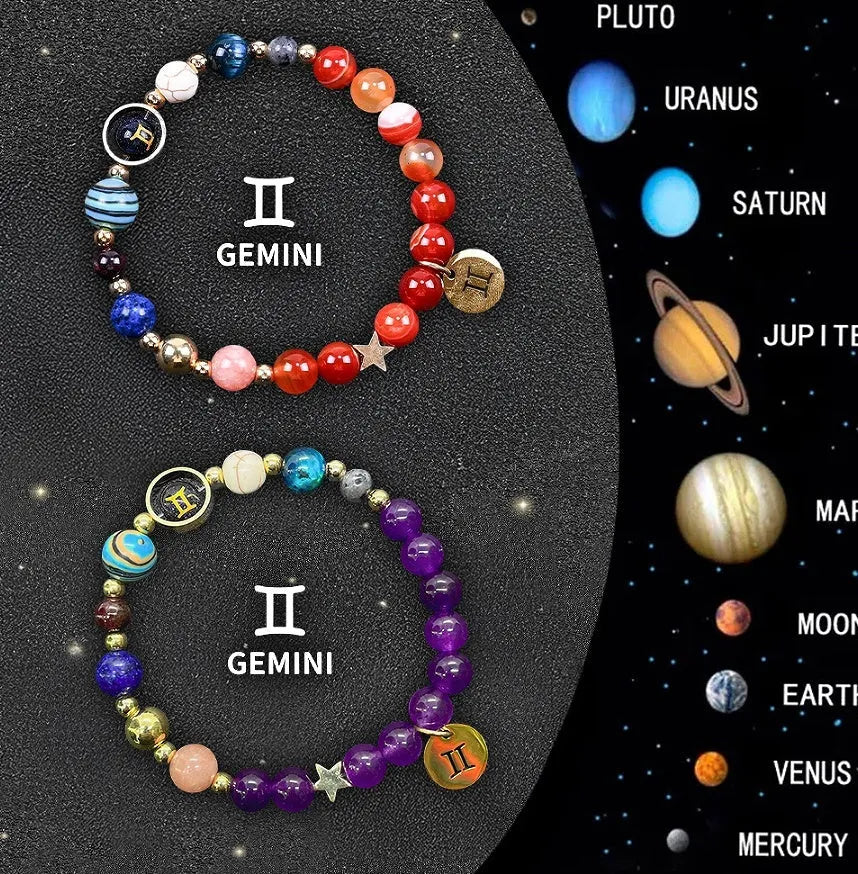 Two natural stone beaded bracelets with zodiac charms on a stretch elastic cord