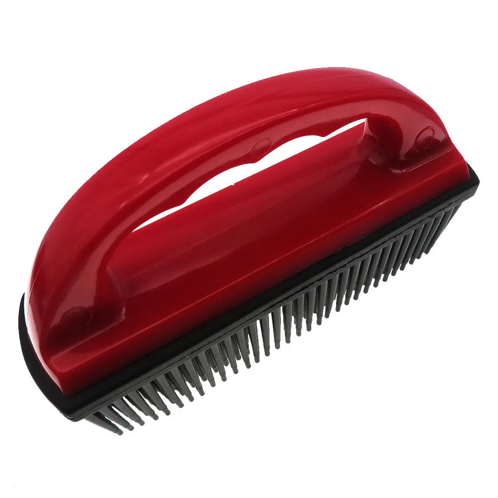 Red pet grooming brush with hair removal feature for dogs, cats and carpet cleaning measuring 160x85mm