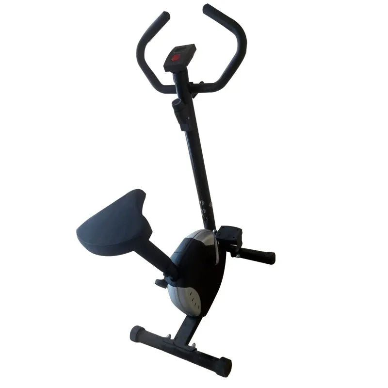 Spinning fitness bicycle in black with ribbon resistance handle and display console
