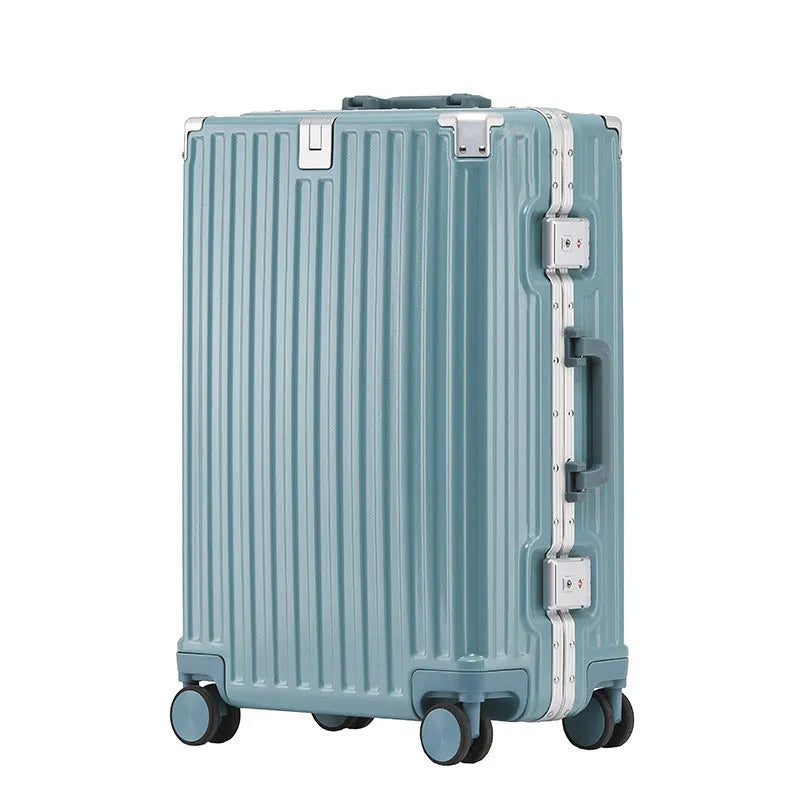 Aluminium frame ABS PC trolley case in avocado green with universal wheels and a USB port.
