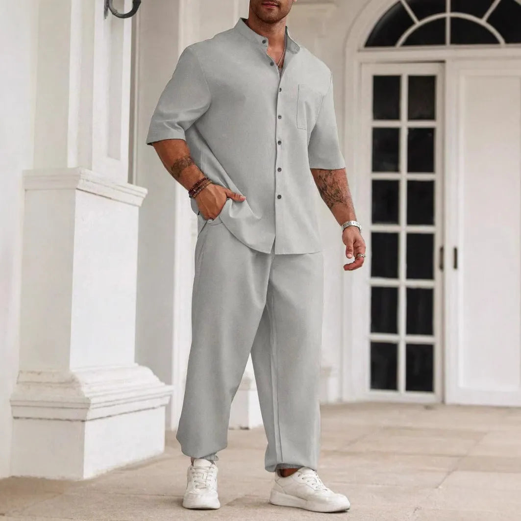 Men's cotton linen casual short-sleeved shirt and trousers set in apricot colour