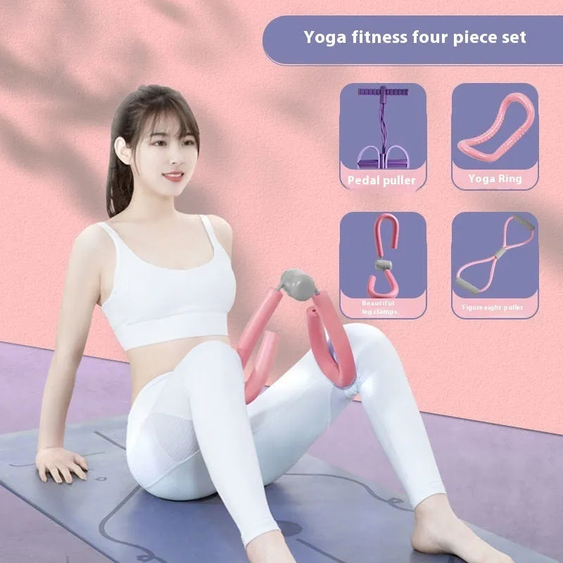 Yoga four piece fitness set showing leg stretcher, yoga ring, pedal device and tension rope