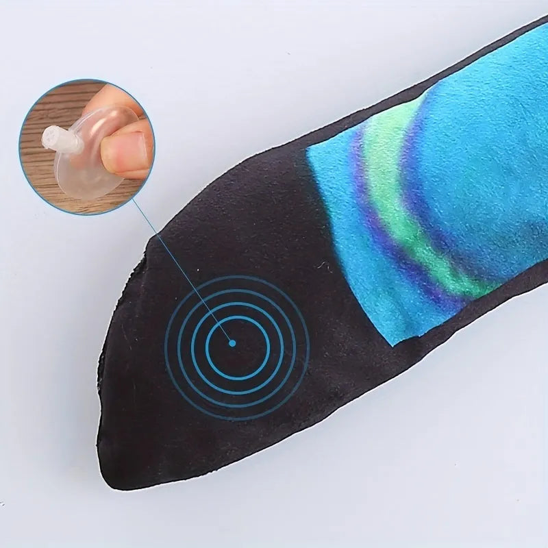 Snake-shaped plush dog squeaky toy with multicolor stripe print design