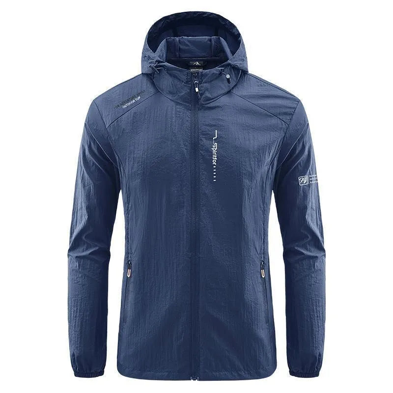 Men's lightweight nylon hooded summer jacket in loose fit, shown in a neutral colour.