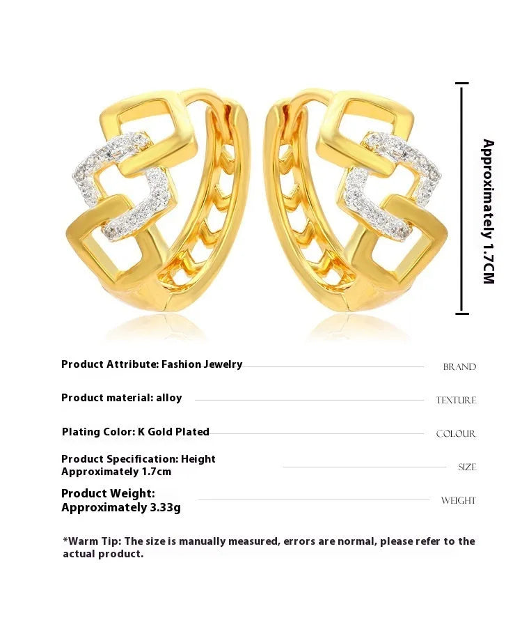 Gold geometric hollow out earrings with electroplated finish at ear clip area