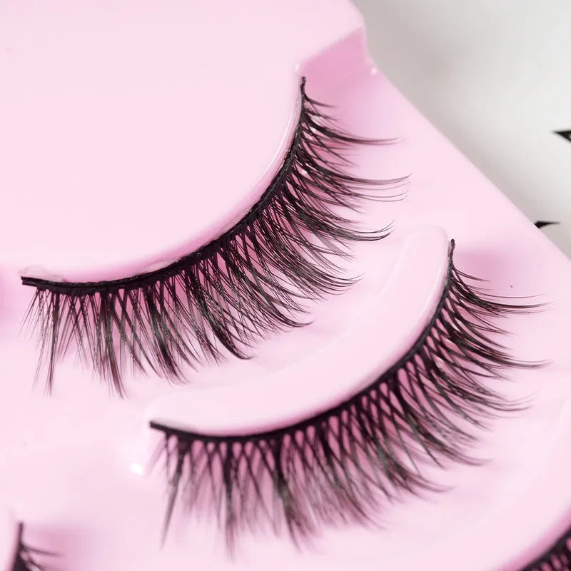 Three styles of manga false eyelashes in black with natural wispy design for anime cosplay makeup