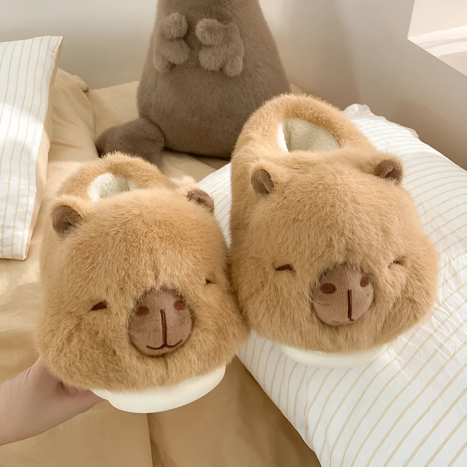 Light brown women's winter plush slippers with artificial wool lining in UK sizes 36-41