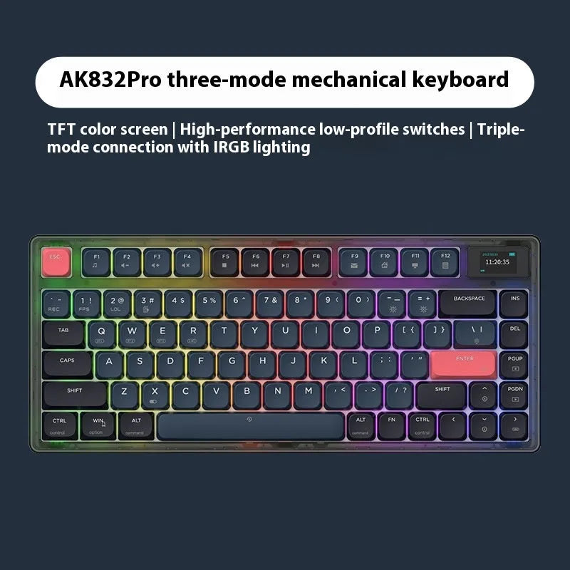 Ajazz AK832PRO mechanical keyboard with colour screen, green case, and RGB backlighting