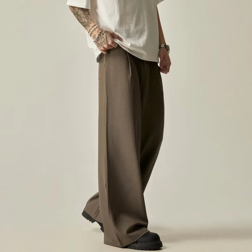 Men's black straight-leg casual trousers with elasticated waistband and polyester cotton blend fabric