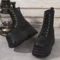 Women's retro platform boots with patchwork design, chunky mid heel, and side zipper in black, white, or green