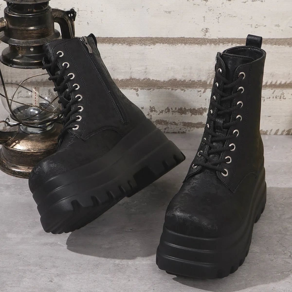 Women's retro platform boots with patchwork design, chunky mid heel, and side zipper in black, white, or green