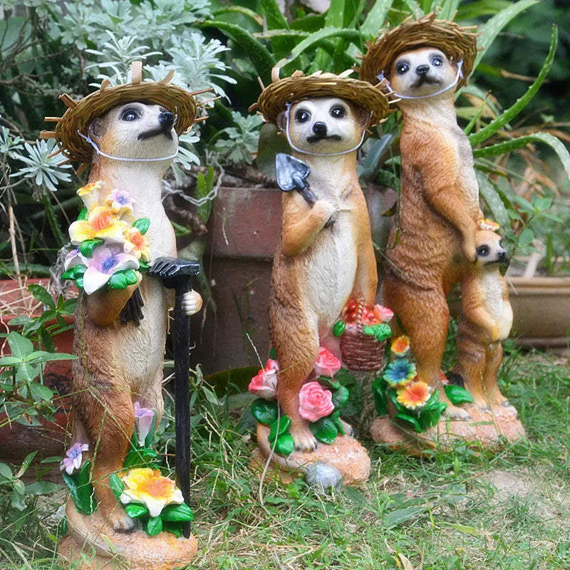 Plastic resin mongoose ornament set with straw hats and gardening tools for bonsai decoration