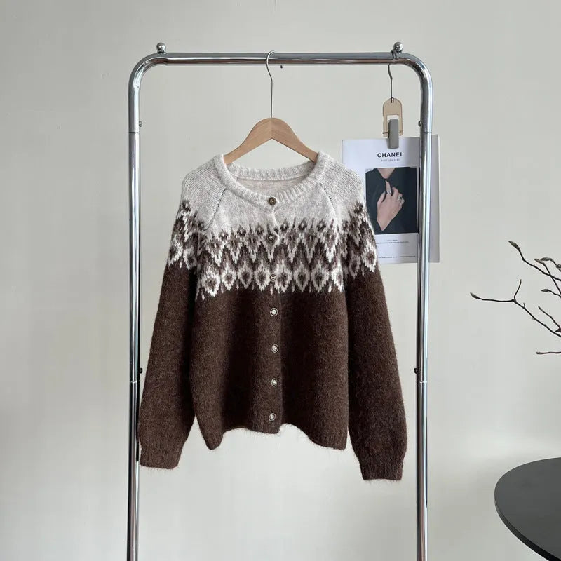 Women's Jacquard knit sweater coat with contrasting colours in loose fit