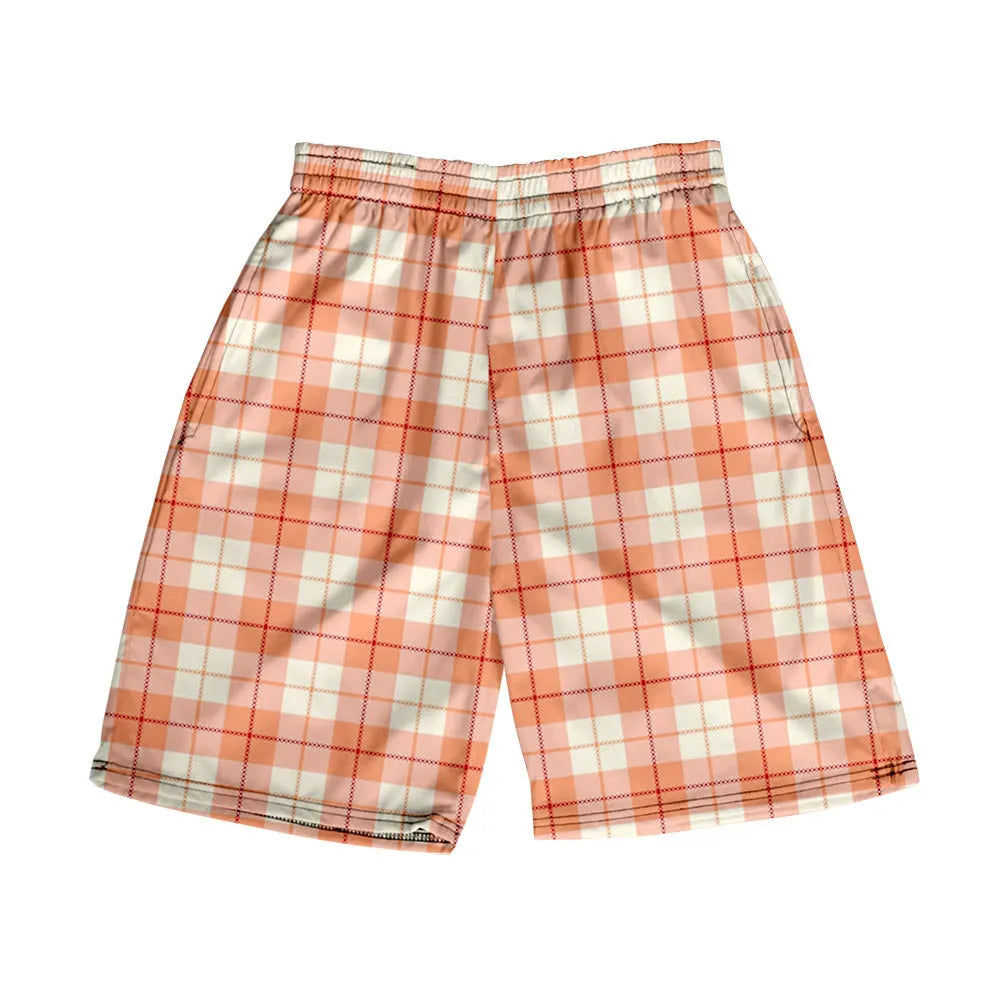 Men's straight cut plaid shorts in polyester fabric with elastic waistband