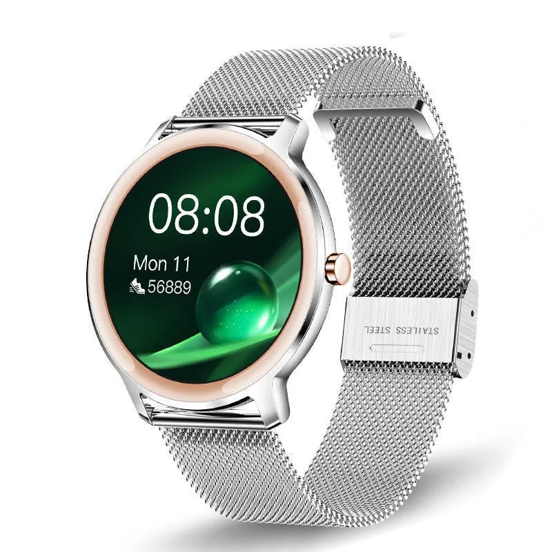 Women's silver smart watch with stainless steel wristband showing 1.3-inch touch screen display