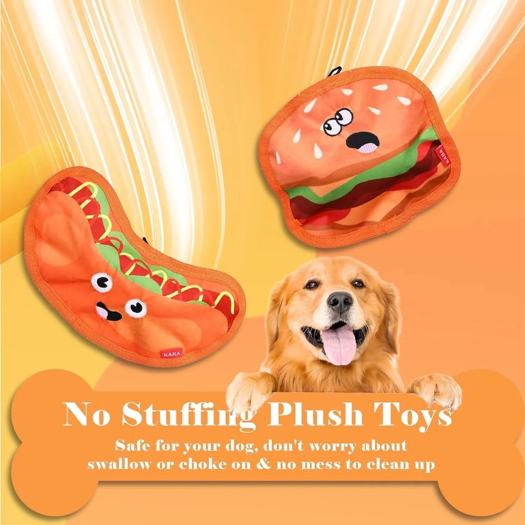 Hamburger-shaped dog toy with bright colours featuring crinkle and squeak sounds for interactive play