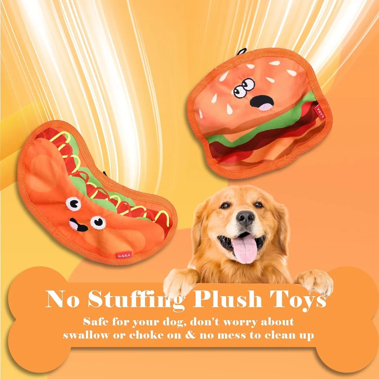 Hamburger-shaped dog toy with bright colours featuring crinkle and squeak sounds for interactive play