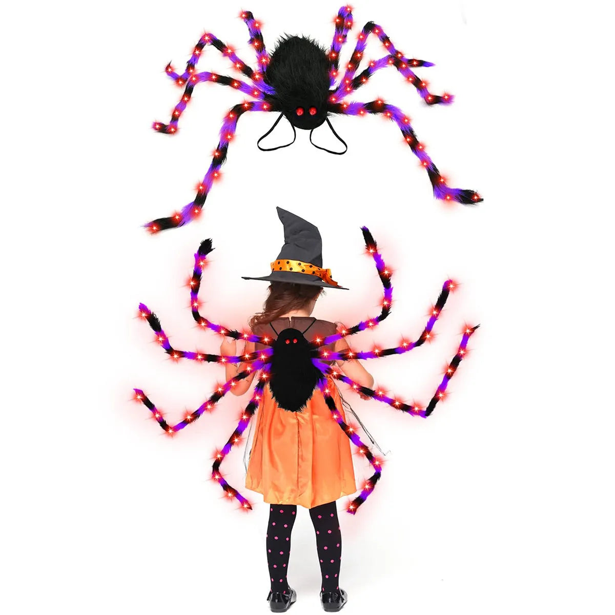 Halloween spider backpack with LED lights in plush sugar bag design showing orange colour option