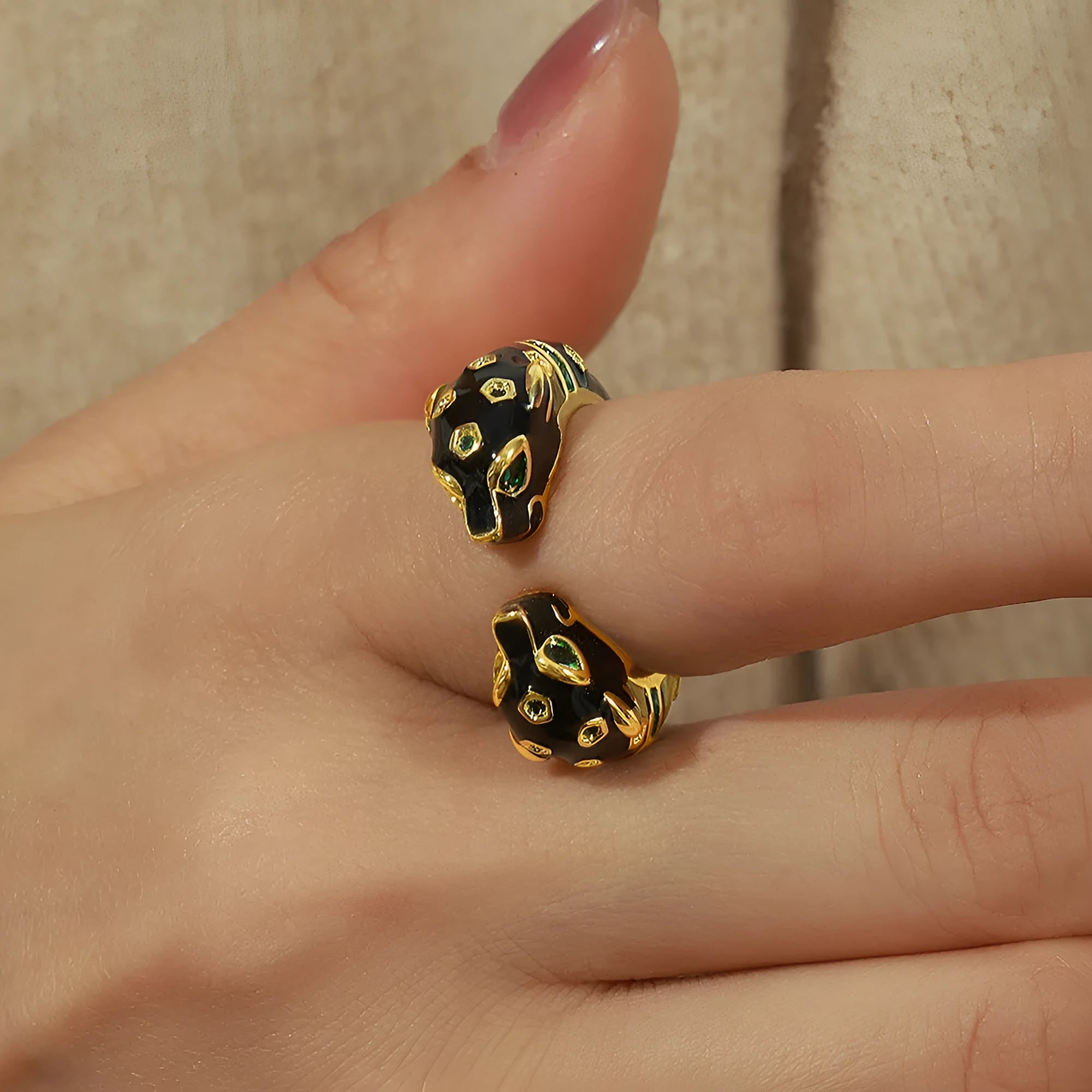 Black cheetah print geometric open ring for women in size 7, made from copper with electroplated finish