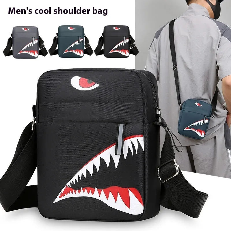 Men's small black crossbody bag with an animal pattern made from oxford cloth.