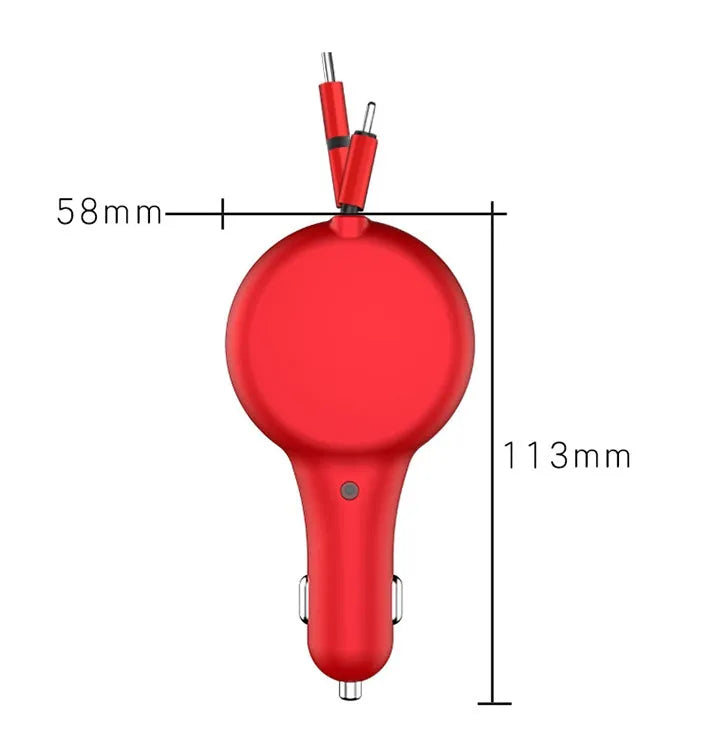 Retractable car charger with extended cables showing Type-C and USB-A charging heads in black or red colour