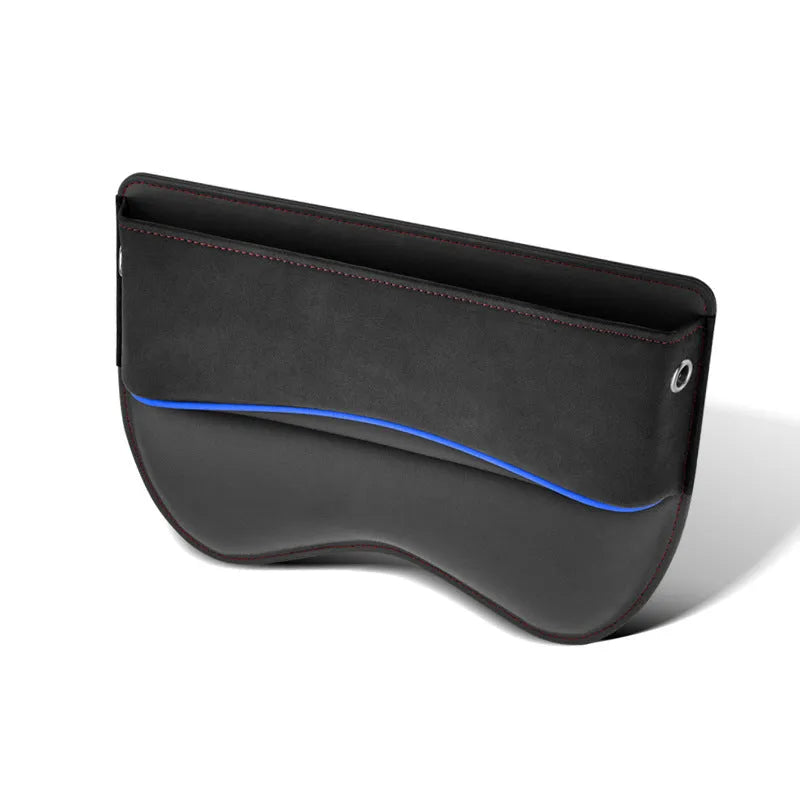 Leather car seat storage box in available colours mounted on vehicle passenger seat