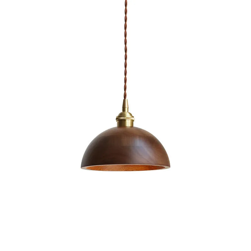 Black walnut wood and copper single-head droplight ceiling chandelier with a fabric cord.