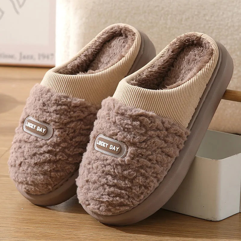 Men's plaid rabbit hair slippers with artificial wool lining and EVA soles