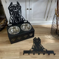 Personalized dog food bowl holder with stainless steel bowl and iron stand showing name engraving