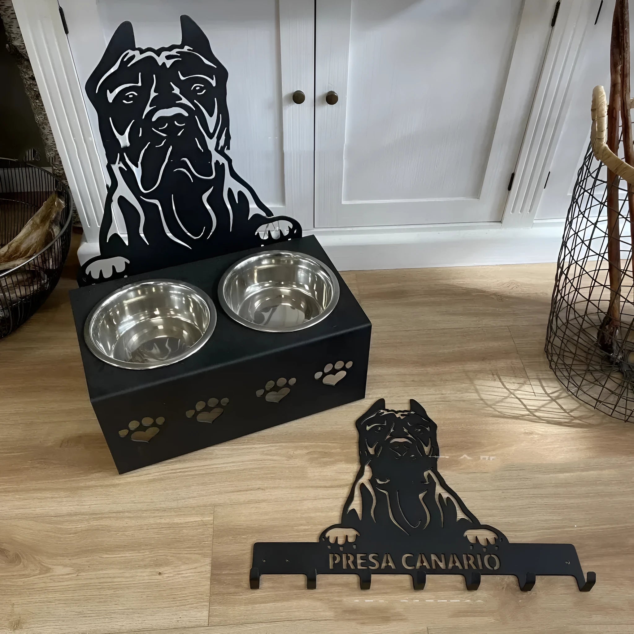 Personalized dog food bowl holder with stainless steel bowl and iron stand showing name engraving