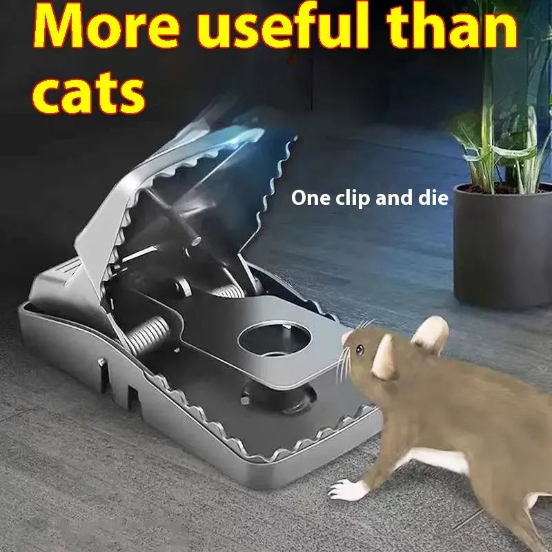 Automatic metal and plastic mouse cage trap shown in small, medium, and large sizes for indoor rodent control.