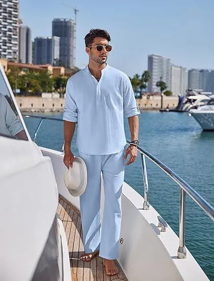 Men's solid colour cotton suit with long sleeve top and trousers in beige, shown laid flat