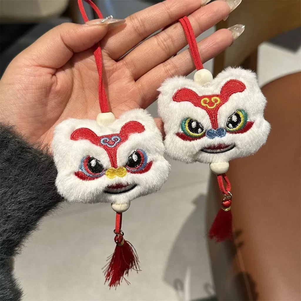 Handmade blue Chinese style plush lion keychain ornament with star stone decoration and tassel