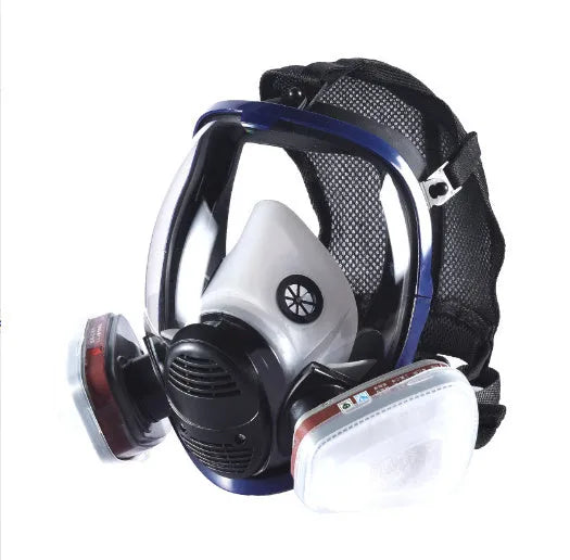 Blue edge spherical full-face gas mask with trapezoidal canister and activated carbon filtration system