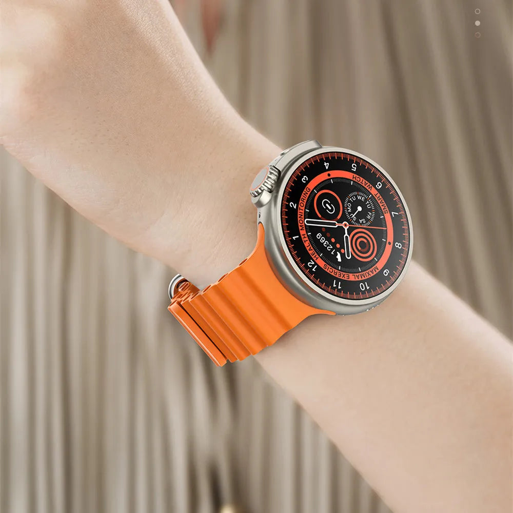 K9 smart watch with round screen and silicone strap, showing health stats and NFC payment icon on display.