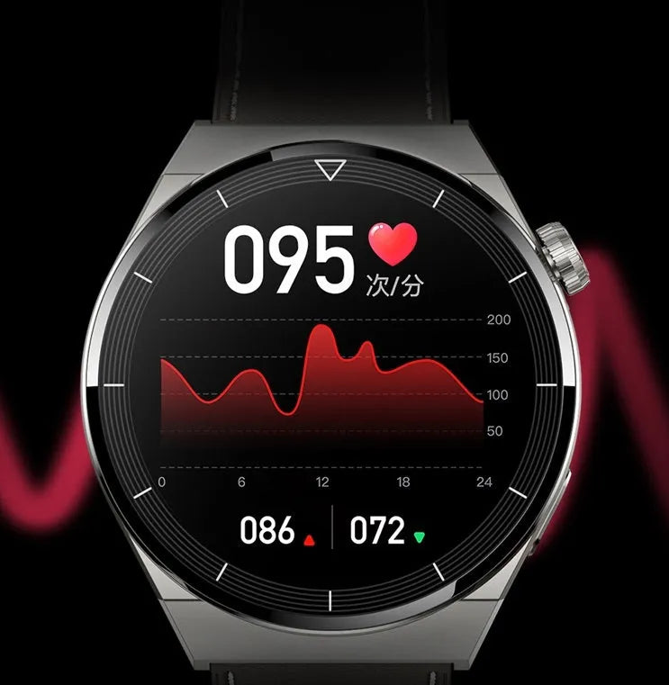 Black or silver Android smart watch with round display showing Bluetooth calling and NFC access control interface