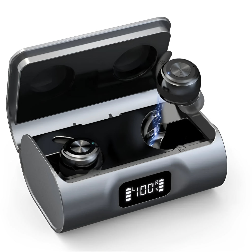 G-36 rechargeable Bluetooth hearing aid in black with ear hook, USB cable, and instruction manual