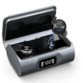 G-36 rechargeable Bluetooth hearing aid in black with ear hook, USB cable, and instruction manual